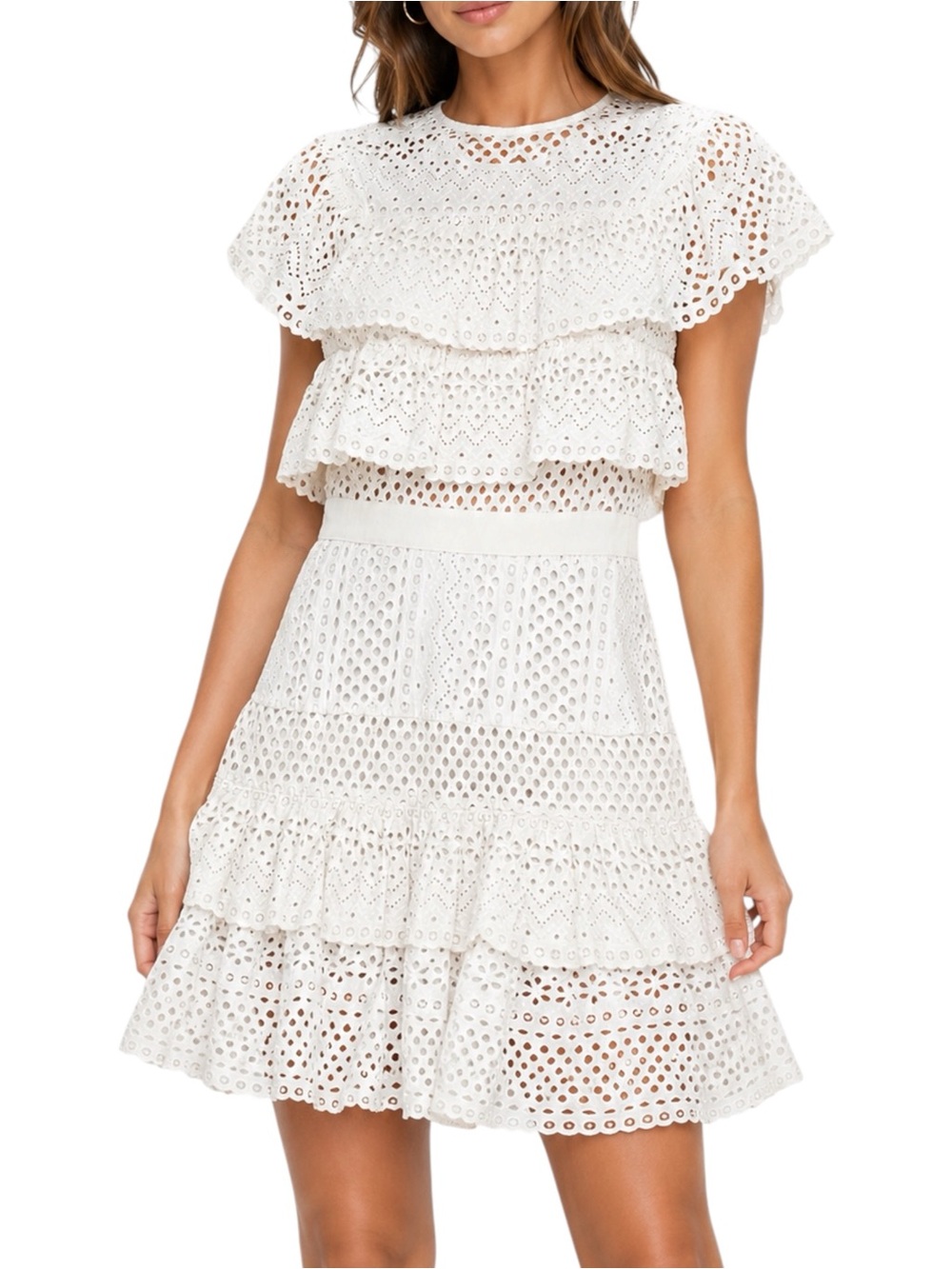 SELF PORTRAIT Off White Lace Cotton Mini Dress US 4